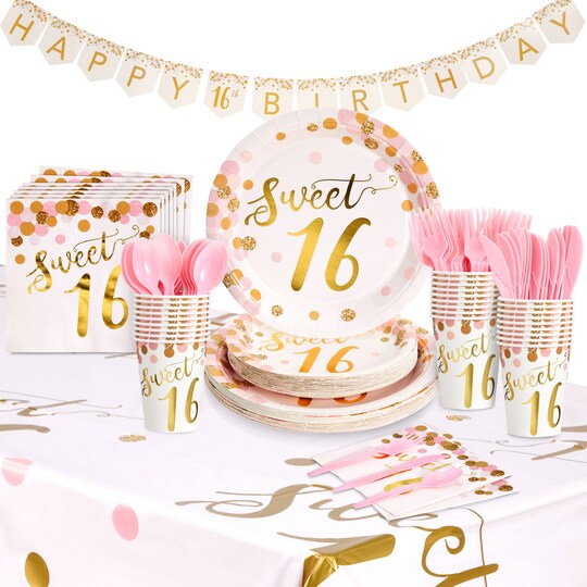 Blue Panda; 170-Piece Rose Gold Sweet 16 Birthday Decorations for Girls, Disposable Dinnerware Set with Table Cover and Banner (Serves 24); Category:Party Serveware; Image:1